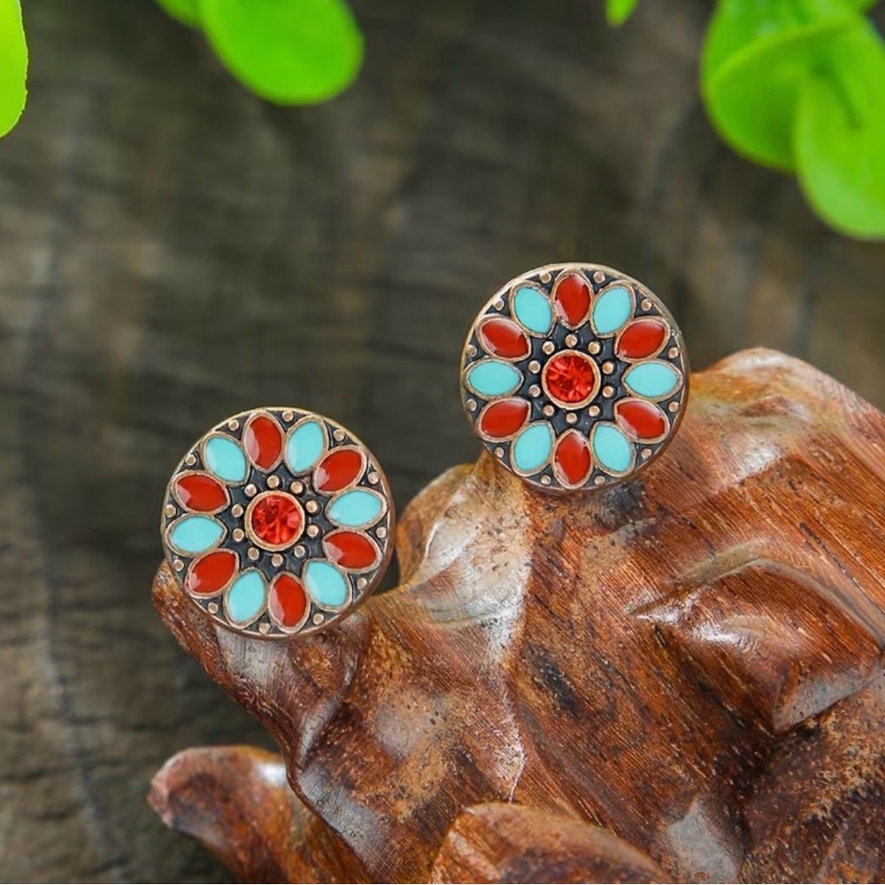 Turquoise & Red Vintage Inspired Floral Mandala Round Stud Earrings